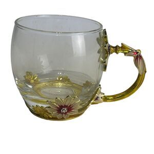 ARC OF FRANCE Clear Glass Tea Coffee Cup Mug Gold Tone Floral Design 9oz